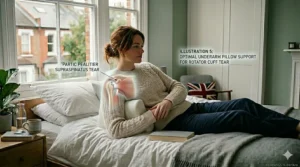 A side-by-side comparison showing how a standard pillow causes shoulder collapse versus how an ergonomic pillow maintains space for a healing rotator cuff injury.