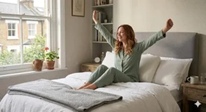 Alt text for image 8: A sleeper using both a head pillow and a knee pillow to ensure total spinal alignment from neck to hips.