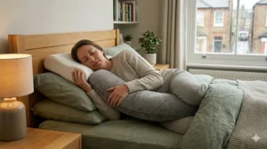 A U-shaped full body pillow providing joint support for British fibromyalgia sufferers sleeping on their side.