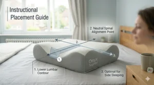 A professional placement guide using clear graphical overlays and numbered steps to show the correct positioning of a support pillow for optimal side sleeping.