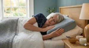 Alt text for image 6: An ergonomic leg spacer pillow used between the knees to relieve hip arthritis pain during sleep.