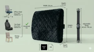 A technical product specification image displaying the dimensions of the specific black quilted lumbar pillow in centimetres, including strap adjustability range and universal fit icons.