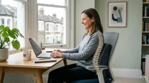 A detailed diagram with an anatomically correct spinal overlay shows how a lumbar support cushion maintains natural S-curve alignment while sitting in an office chair.