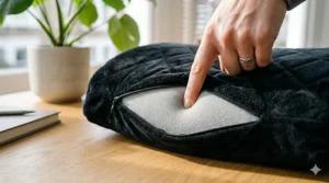 Close-up detail showing the soft, velvet cover and high-density memory foam interior of the lumbar pillow, demonstrating its conforming texture with high-resolution clarity.