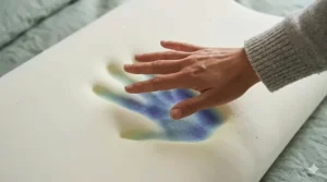 Close-up of a high-density memory foam pillow contouring to pressure points for chronic pain relief.