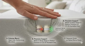 Close-up technical illustration of high-density memory foam conforming to the neck to reduce pressure on spinal discs.