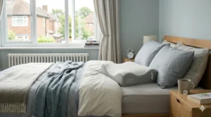 A photorealistic lifestyle shot of a styled bed in a modern UK home, featuring a back support pillow integrated into a clean, contemporary aesthetic.