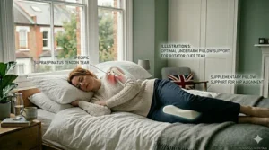 An illustration of a person hugging a full-length orthopaedic body pillow to keep their shoulders aligned and protect a rotator cuff tear during sleep.