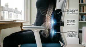 A photorealistic anatomical visualisation shows the lumbar spine correctly aligned and supported by the black quilted lumbar pillow, illustrating orthopaedic benefits and pressure relief.