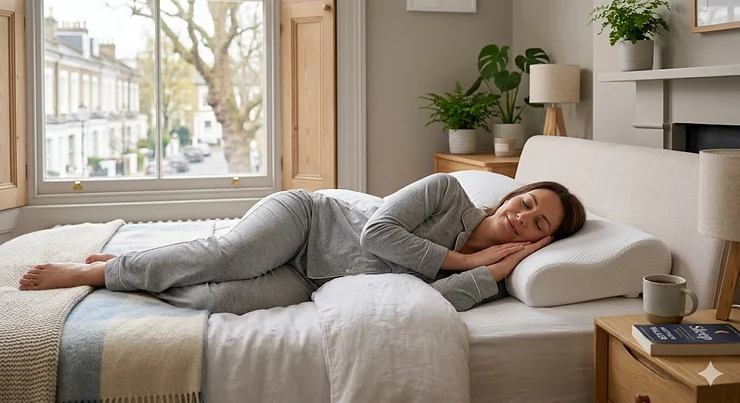 A woman resting comfortably in a modern British bedroom on an ergonomic orthopaedic pillow for improved neck support and spinal alignment. orthopaedic pillow buying guide