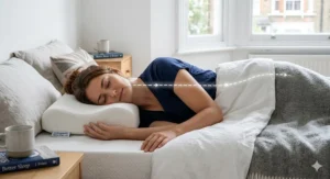 Alt text for image 3: Illustration of a side sleeper with a contoured pillow filling the gap between the neck and shoulder for a straight spine.