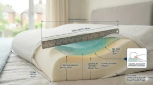 A clear infographic diagram with dimensions in centimetres showing the measurements and contoured heights of the orthopaedic pillow to help with back pain management.