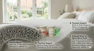 Guide illustrating the ideal pillow loft height to prevent further irritation of a herniated disc in the neck.