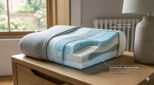 A detailed diagram highlighting the breathable memory foam layers and contoured core of a posture correcting pillow.