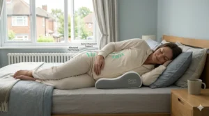 A lifestyle photograph of a pregnant woman sleeping on her side using a support pillow to alleviate hip pressure and maintain spinal alignment.
