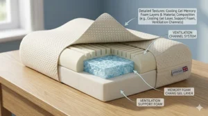 A detailed breakdown illustration showing the internal layers of high-density memory foam that comprise a premium supportive pillow for rheumatoid arthritis.