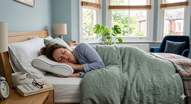 person sleeping peacefully on their side using an ergonomic pressure point pillow for fibromyalgia pain relief in a bright UK bedroom with a Costa coffee mug on the bedside table. pressure point pillow fibromyalgia