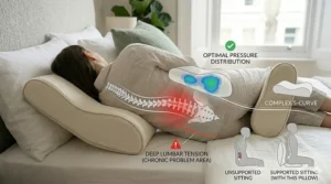 Illustration of weight distribution and pressure relief provided by an orthopaedic pillow.