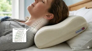 An illustration highlighting the pressure-relieving zones of a contour pillow that cushion tender joints in the neck and shoulders during flare-ups.