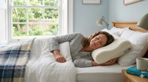 A detailed diagram showing the correct cervical spine alignment achieved while sleeping on an orthopaedic pillow tailored for rheumatoid arthritis sufferers.
