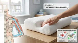 An ergonomic side sleeper pillow with an arm channel or tunnel to reduce direct pressure on the brachial plexus nerves.