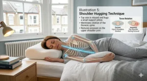 A sleeper hugging a pillow to prevent the top shoulder from rolling forward and causing rotator cuff strain.