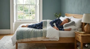 Alt text for image 3: Diagram showing the correct spinal alignment for a side sleeper using an anti-arthritis pillow to reduce joint pressure.