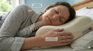 An illustration of a side sleeper utilising an ergonomic pillow to maintain a neutral spine and reduce stress on the jaw and neck joints.