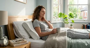 An illustrative diagram demonstrating proper spinal alignment and balanced weight distribution for side sleepers using a contoured cervical support pillow.