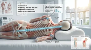 A medical illustration showing a side sleeper with a straight, neutral spine and no shoulder compression while using a high-loft pillow.