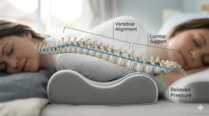 A photorealistic anatomical illustration showing a side sleeper using a back support pillow to maintain a straight, neutral spine and healthy vertebral alignment.