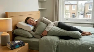 Illustration of correct side sleeping posture using a supportive pillow for fibromyalgia flare-up prevention.