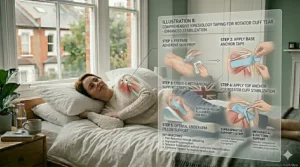 A visual warning diagram illustrating incorrect sleeping positions, such as sleeping directly on a painful shoulder rotator cuff tear, marked with red crosses.