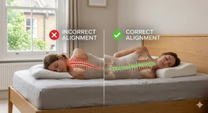 Alt text for image 2: Diagram showing the difference between poor neck strain and correct spinal alignment while sleeping with a supportive pillow.