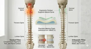 Comparison chart showing how a standard soft pillow causes neck strain versus how an orthopaedic pillow supports a slipped disc.