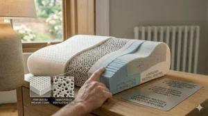 A side-by-side comparison showing the improved spinal alignment of a posture correcting pillow versus a traditional flat pillow.