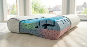 A side-by-side comparison showing how a standard pillow causes neck strain and fibromyalgia pain versus an ergonomic pressure point pillow that promotes correct alignment.
