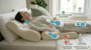A supportive V-shaped orthopaedic pillow for multi-purpose posture support.