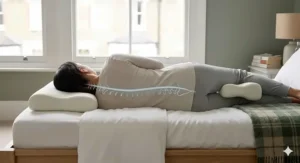 Alt text for image 9: A well-rested person sitting up in bed in a UK home, representing the benefits of sleeping with a pillow for spinal alignment.