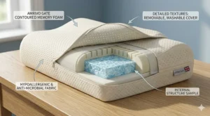 An illustration showing a soft, hypoallergenic quilted outer cover being unzipped and removed from an orthopaedic arthritis pillow for washing.