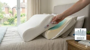 A clean illustration showing the breathable cotton cover being removed from an orthopaedic pillow, highlighting easy washing for better hygiene.