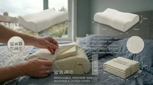An illustration showing the removable zipped outer cover being prepared for washing, highlighting standard care symbols.