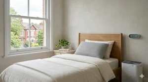 A clean, minimalist bedroom setup featuring an asthma-friendly breathable pillow.