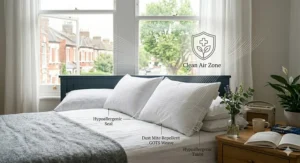 A graphic illustration of an organic hypoallergenic pillow highlighting the dust-mite-resistant, clean air zone features.