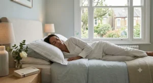 A person sleeping peacefully on an anti-allergy pillow, suitable for those with asthma or hay fever.