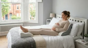 Using a maternity wedge pillow behind the lower back to prevent rolling during sleep.