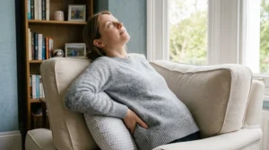 The mother comfortably seated on a cream armchair, leaning back slightly with the best nursing pillow positioned precisely to provide ergonomic lumbar support for back strain relief.