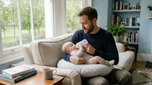 A loving father bottle-feeding the baby, who is nestled contentedly on the identical grey patterned best nursing pillow, in the sunlit British living room setting.
