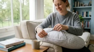 An intimate family portrait of the mother and father together on the sofa, cooperating happily as the baby rests securely on the best nursing pillow in their cosy living room.