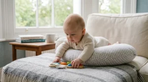 A high-detail photograph of the baby during supervised tummy time, pushing up gently while supported by the grey patterned best nursing pillow on the sofa, with background details like the sash window visible.